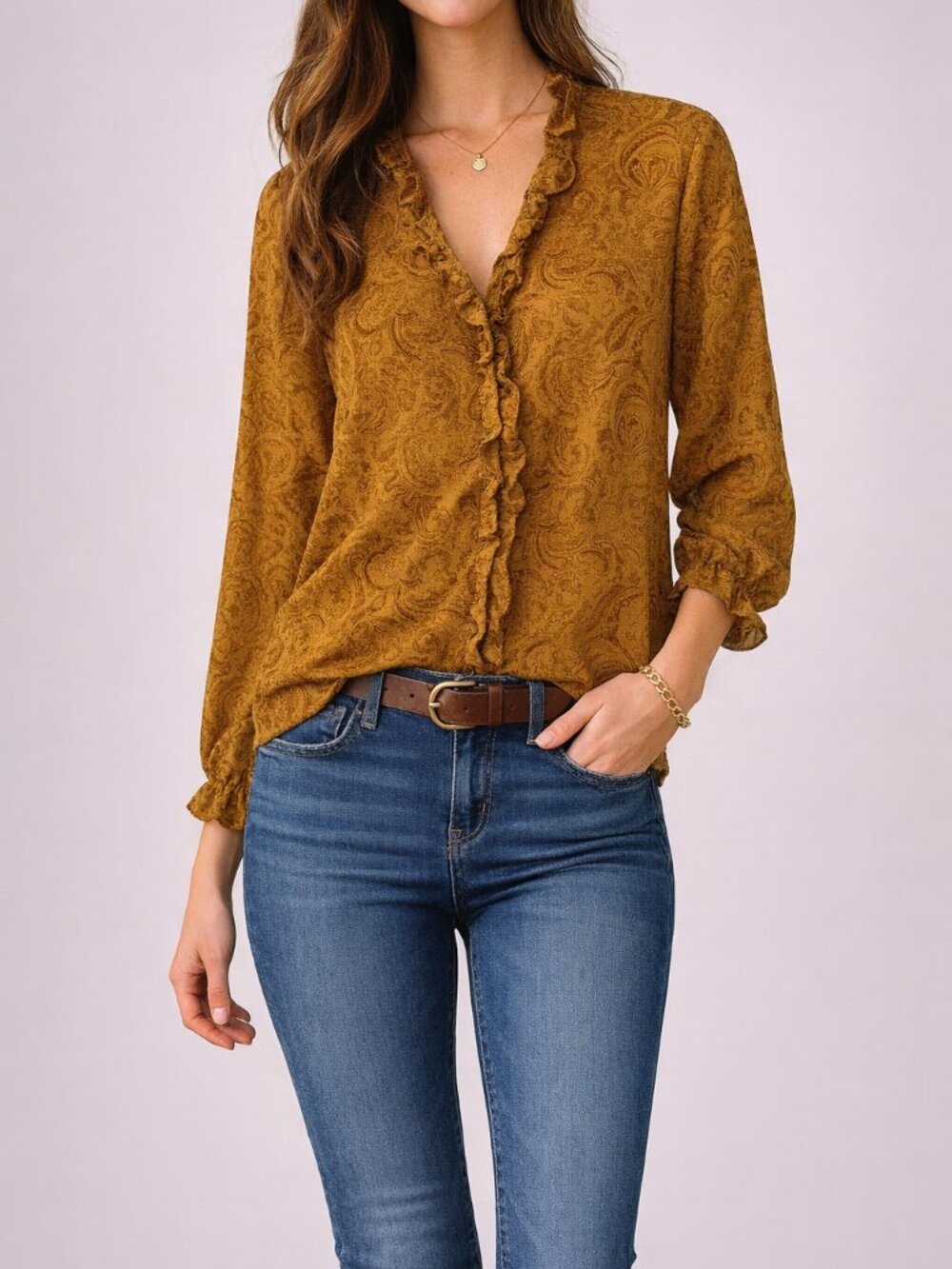 Nygard Collection Womens 16 Silk Blouse Brown Paisley Ruffle Front Top